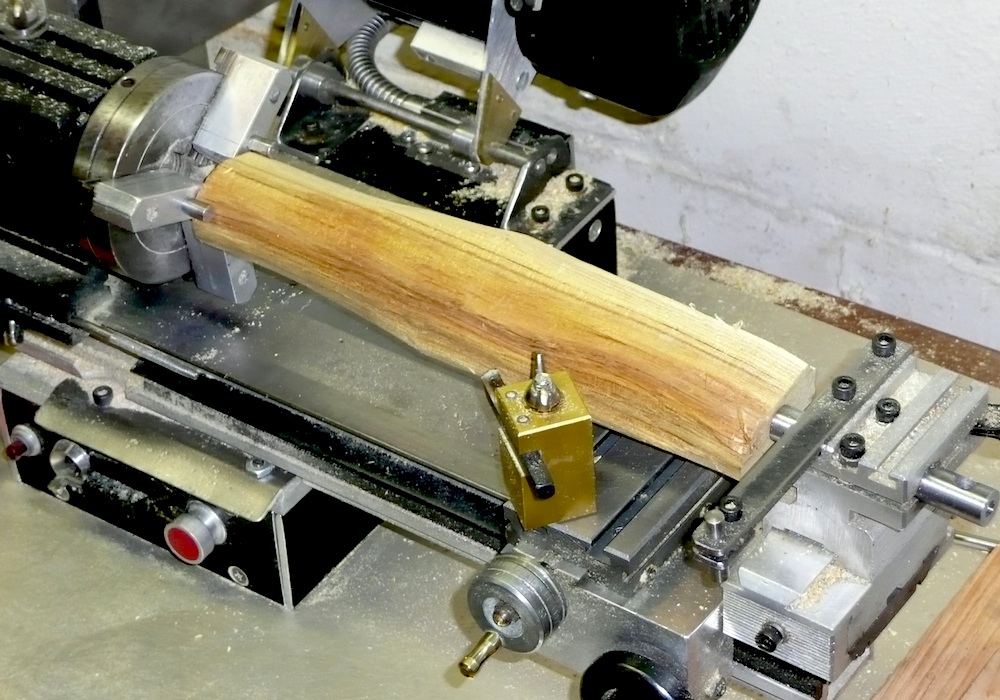 the blank mounted on a lathe
