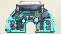 photo of a semi-circular circuit board with a big DB-25 connector