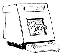 Drawing of a PLATO IV terminal with a piratical figure and
      clawed hand reaching out of the screen