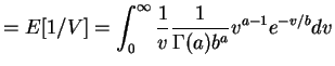 $\displaystyle = E[1/V] = \int_{0}^{\infty}\frac{1}{v}\frac{1}{\Gamma(a)b^{a}}v^{a-1}e^{-v/b}dv$