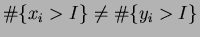 $ \char93
\{x_{i} > I\} \ne \char93 \{y_{i} > I\}$