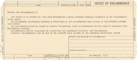  [University of Arizona registration encumbrance card] 