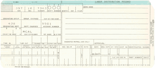  [General Motors Delco labor distribution card] 