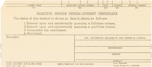  [Selective Service System studentn certificate, side a] 