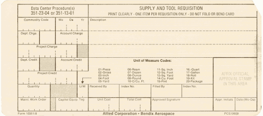  [Bendix Corporation supply and tool requisition card] 