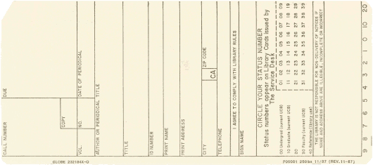  [U. of California at Berkeley Library hold card - Side a] 