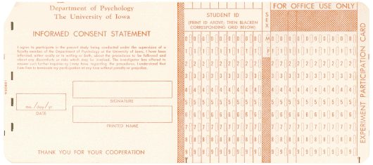  [University of Iowa Psychology Department card] 