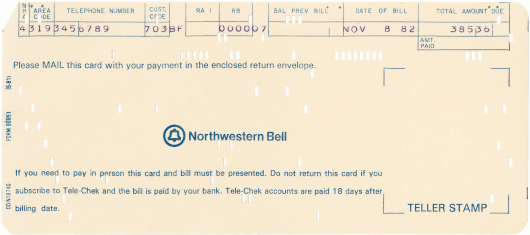  [Northwestern Bell telephone bill card] 